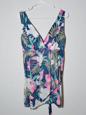 Lane Bryant Lightly Padded No Wire One piece Mesh Swim Dress Floral 16 Blue